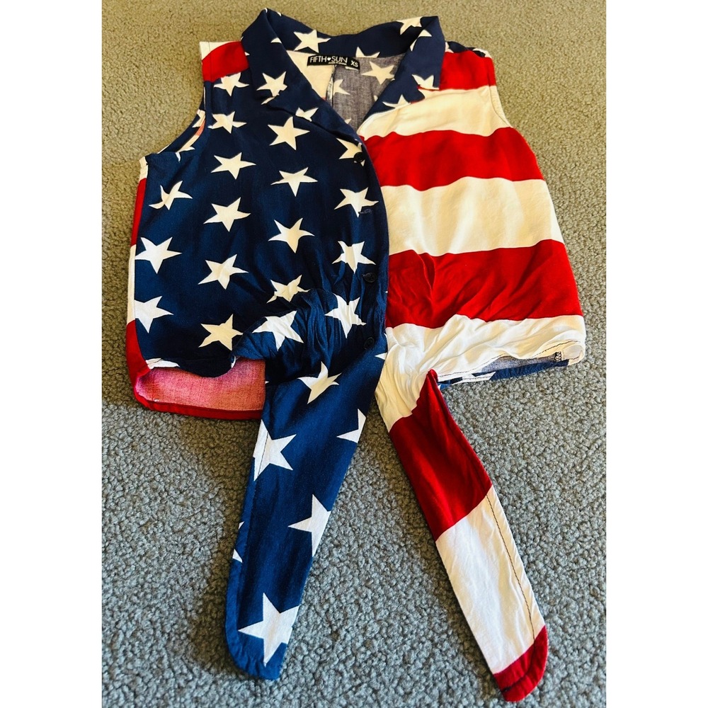 Fifth Sun Tie Front Top Women XS Red White Blue Stars Stripes Patriotic Top